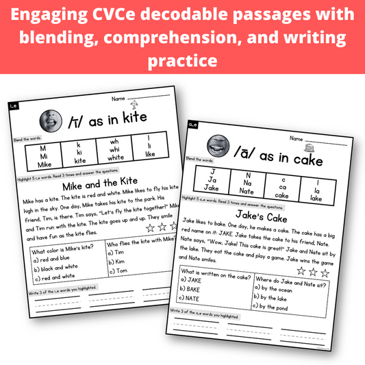 CVCe Decodable Passages with Blending, Comprehension and Writing Practice