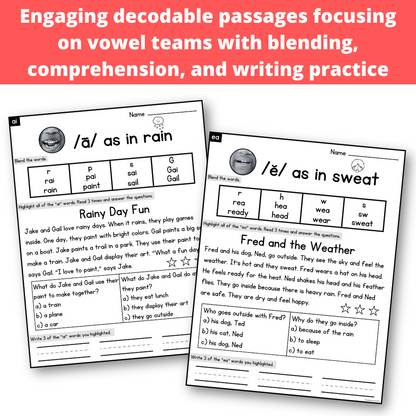 Vowel Teams Decodable Passages with Blending, Comprehension and Writing Practice