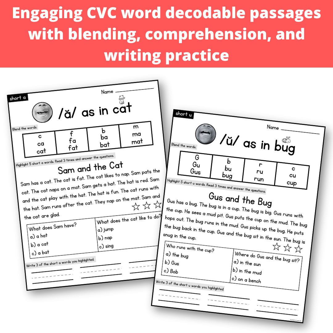 CVC Word Decodable Passages with Blending Comprehension and Writing Practice | Science of Reading Aligned SOR