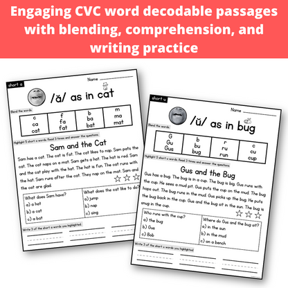 CVC Word Decodable Passages with Blending Comprehension and Writing Practice | Science of Reading Aligned SOR