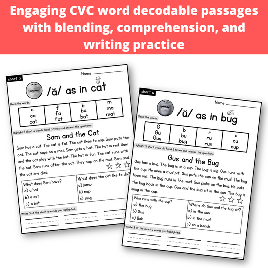 CVC Word Decodable Passages with Blending Comprehension and Writing Practice | Science of Reading Aligned SOR