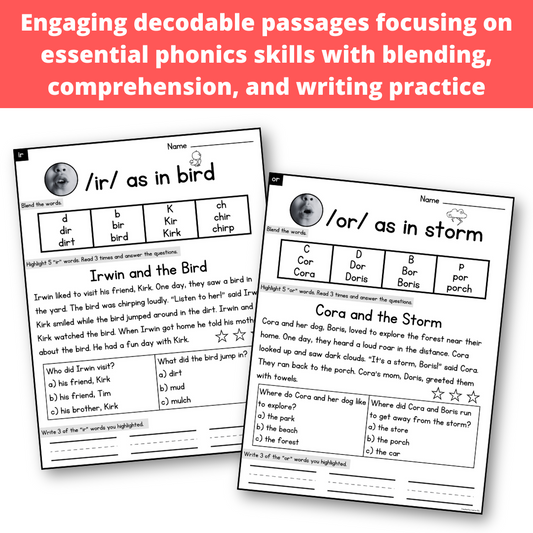 Decodable Passages with Blending, Comprehension and Writing Practice - CVC, CVCe, Digraphs, Blends, Vowel Teams, Diphthongs, R-Controlled Vowels - Science of Reading