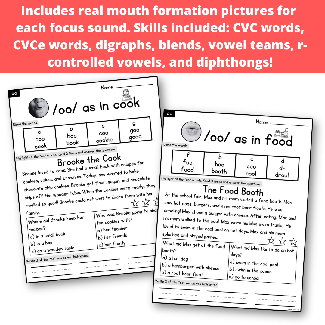 Decodable Passages with Blending, Comprehension and Writing Practice - CVC, CVCe, Digraphs, Blends, Vowel Teams, Diphthongs, R-Controlled Vowels - Science of Reading