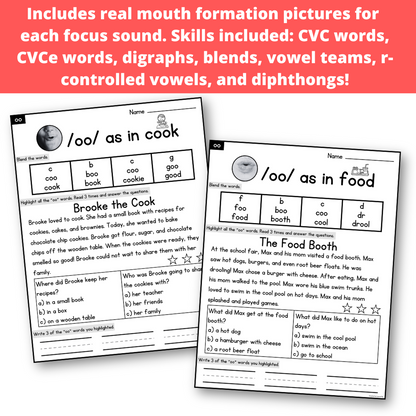 Decodable Passages with Blending, Comprehension and Writing Practice - CVC, CVCe, Digraphs, Blends, Vowel Teams, Diphthongs, R-Controlled Vowels - Science of Reading