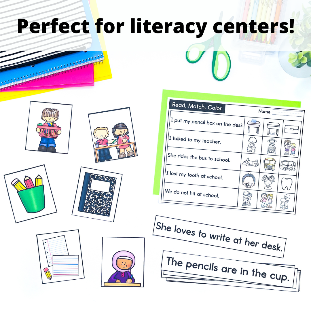 Back to School Kindergarten Reading Comprehension - Sentence & Picture Matching
