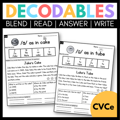 CVCe Decodable Passages with Blending, Comprehension and Writing Practice