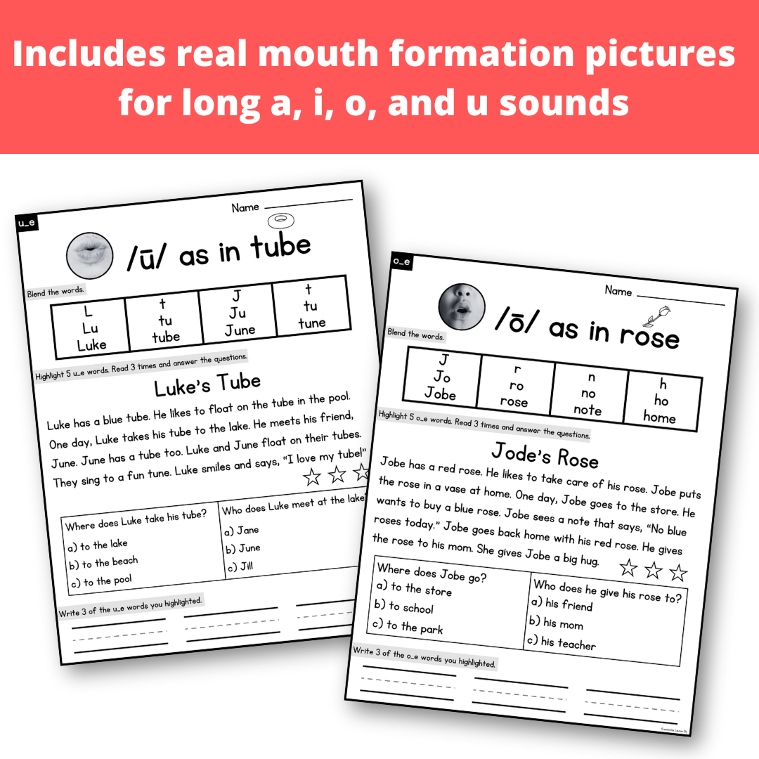 CVCe Decodable Passages with Blending, Comprehension and Writing Practice
