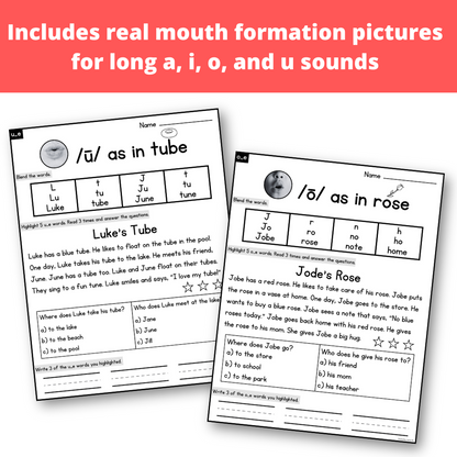 CVCe Decodable Passages with Blending, Comprehension and Writing Practice