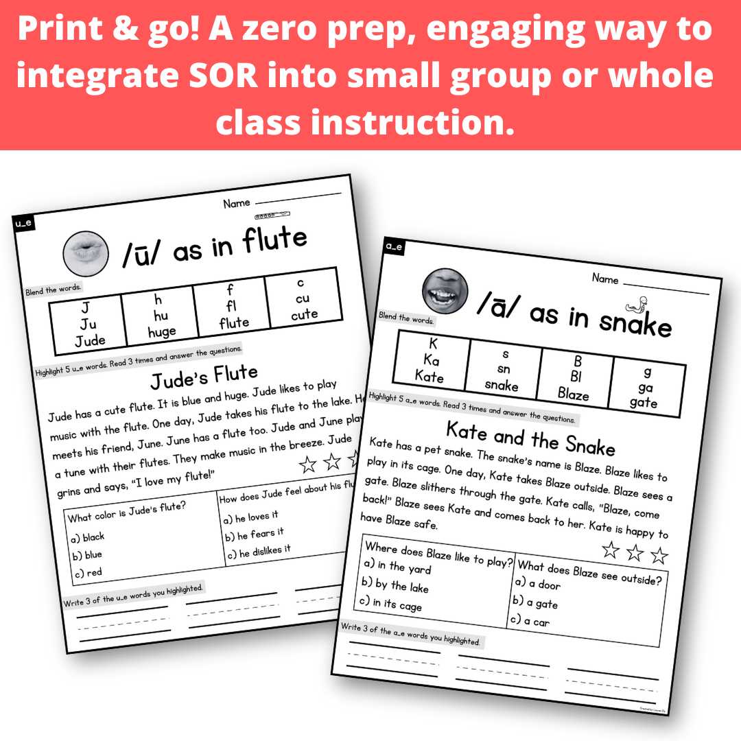 CVCe Decodable Passages with Blending, Comprehension and Writing Practice