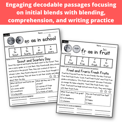 Blends Decodable Passages with Blending, Comprehension, & Writing