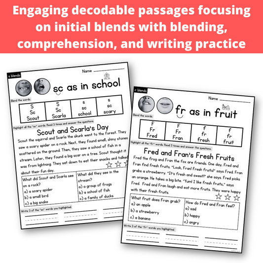 Blends Decodable Passages with Blending, Comprehension, & Writing