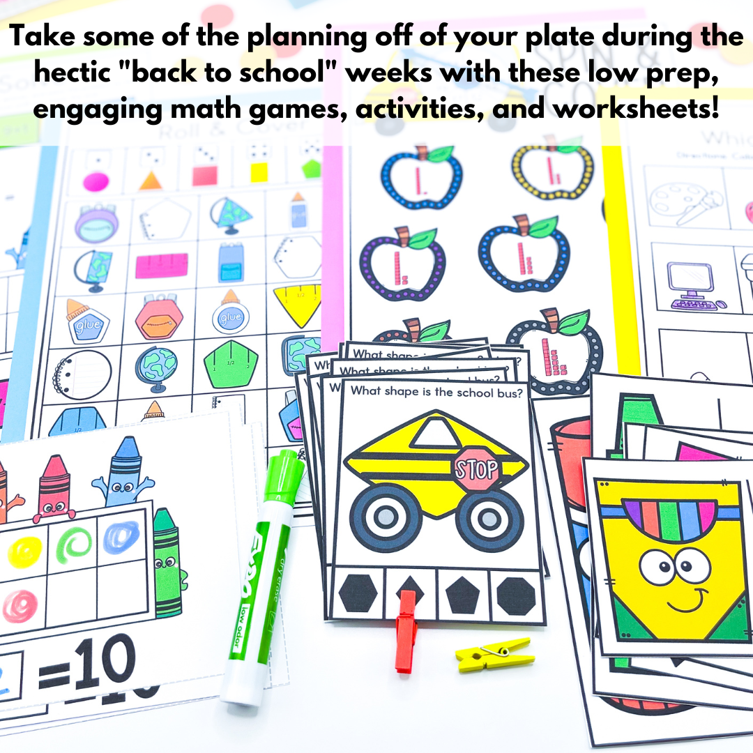 Back to School Kindergarten Math Centers - Activities Games and Worksheets