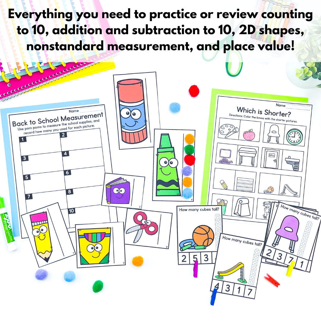 Back to School Kindergarten Math Centers - Activities Games and Worksheets