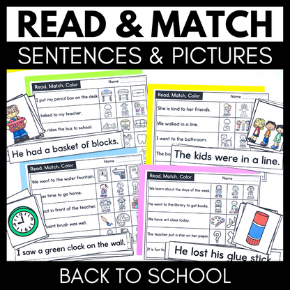 Back to School Kindergarten Reading Comprehension - Sentence & Picture Matching