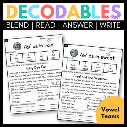 Vowel Teams Decodable Passages with Blending, Comprehension and Writing Practice