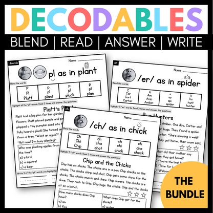 Decodable Passages with Blending, Comprehension and Writing Practice - CVC, CVCe, Digraphs, Blends, Vowel Teams, Diphthongs, R-Controlled Vowels - Science of Reading