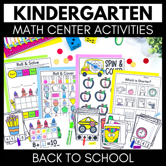 Back to School Kindergarten Math Centers - Activities Games and Worksheets